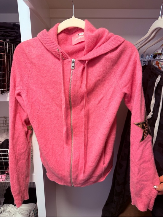 Zadig & Voltaire Tops - Zadig & Voltaire Pink Hooded Zip-Up Star Elbow Patch Sweater
